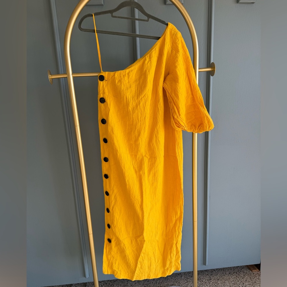 Mara Hoffman Yellow One-Shoulder Dress with Black Buttons